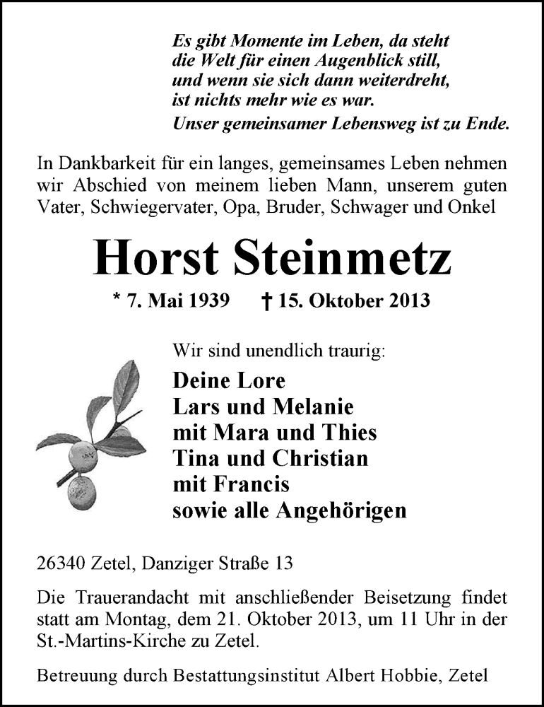  Traueranzeige für Horst Steinmetz vom 16.10.2013 aus Nordwest-Zeitung