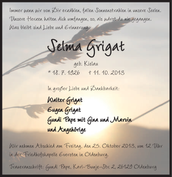 Traueranzeige von Selma Grigat von Nordwest-Zeitung