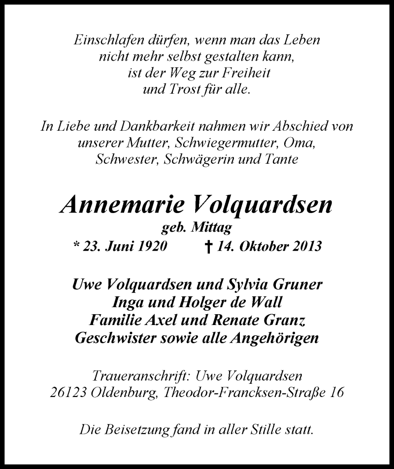  Traueranzeige für Annemarie Volquardsen vom 02.11.2013 aus Nordwest-Zeitung