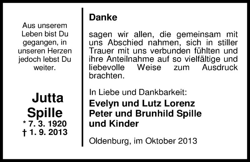  Traueranzeige für Jutta Spille vom 18.10.2013 aus Nordwest-Zeitung