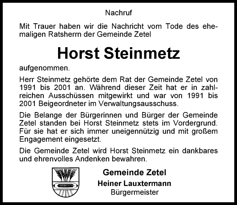 Traueranzeige für Horst Steinmetz vom 17.10.2013 aus Nordwest-Zeitung