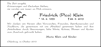 Traueranzeige von Friedrich Klein von Nordwest-Zeitung