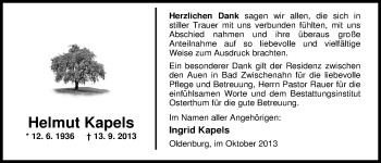 Traueranzeige von Helmut Kapels von Nordwest-Zeitung