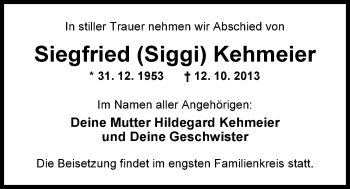 Traueranzeige von Siegfried Kehmeier von Nordwest-Zeitung