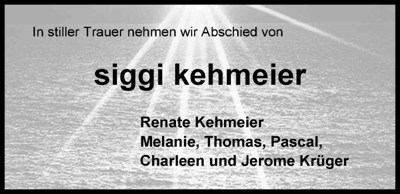  Traueranzeige für Siegfried Kehmeier vom 19.10.2013 aus Nordwest-Zeitung