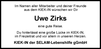 Traueranzeige von Uwe Zirks von Nordwest-Zeitung