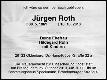 Traueranzeige von Jürgen Roth von Nordwest-Zeitung