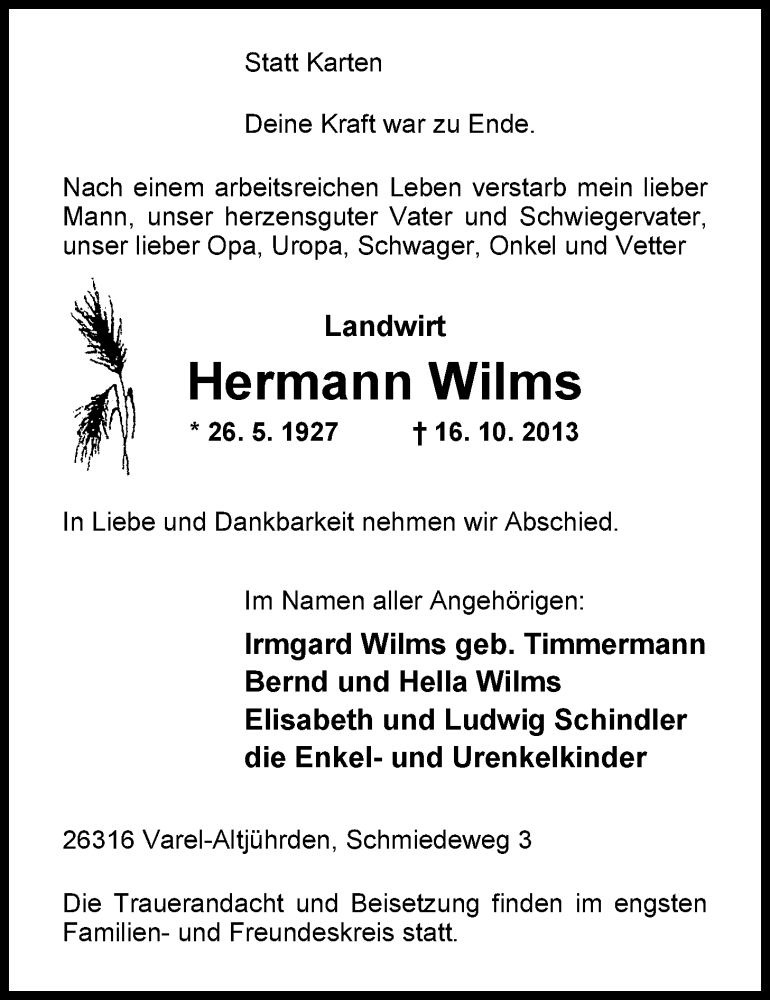  Traueranzeige für Hermann Wilms vom 19.10.2013 aus Nordwest-Zeitung