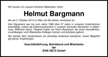 Traueranzeige von Helmut Bargmann von Nordwest-Zeitung