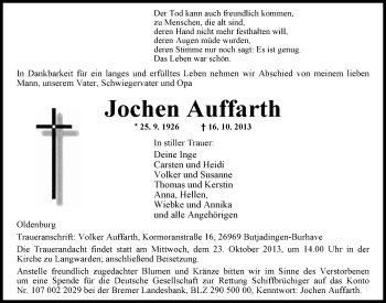 Traueranzeige von Jochen Auffarth von Nordwest-Zeitung