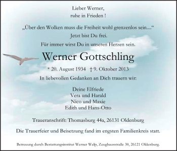 Traueranzeige von Werner Gottschling von Nordwest-Zeitung