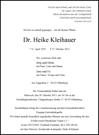 Traueranzeige von Dr. Heike Kleihauer von Nordwest-Zeitung