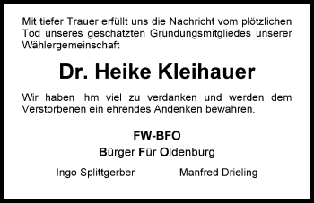 Traueranzeige von Dr. Heike Kleihauer von Nordwest-Zeitung