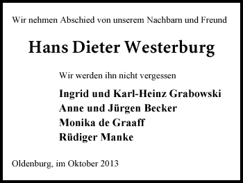 Traueranzeige von Hans Dieter Westerburg von Nordwest-Zeitung