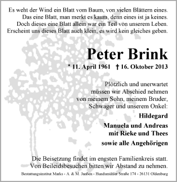 Traueranzeige von Peter Brink von Nordwest-Zeitung