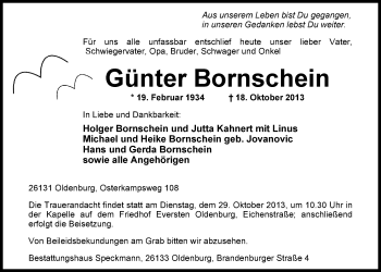 Traueranzeige von Günter Bornschein von Nordwest-Zeitung