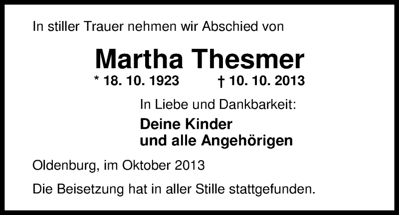  Traueranzeige für Martha Thesmer vom 26.10.2013 aus Nordwest-Zeitung