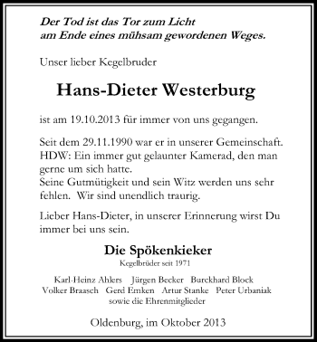 Traueranzeige von Hans Dieter Westerburg von Nordwest-Zeitung