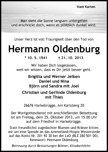 Traueranzeige von Hermann Oldenburg von Nordwest-Zeitung