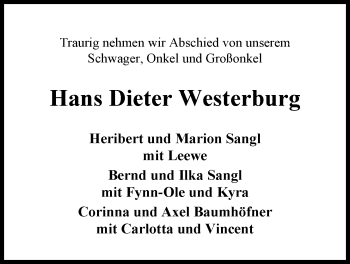 Traueranzeige von Hans Dieter Westerburg von Nordwest-Zeitung