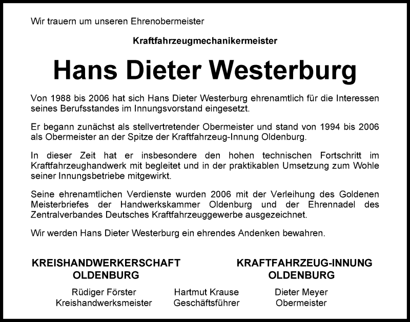  Traueranzeige für Hans Dieter Westerburg vom 23.10.2013 aus Nordwest-Zeitung