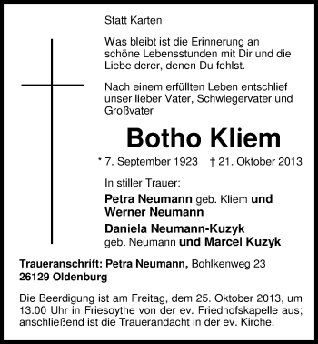 Traueranzeige von Botho Kliem von Nordwest-Zeitung