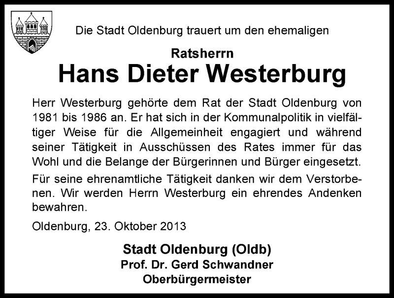  Traueranzeige für Hans Dieter Westerburg vom 23.10.2013 aus Nordwest-Zeitung