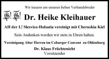 Traueranzeige von Dr. Heike Kleihauer von Nordwest-Zeitung