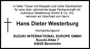 Traueranzeige von Hans Dieter Westerburg von Nordwest-Zeitung