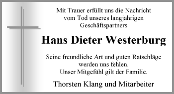Traueranzeige von Hans Dieter Westerburg von Nordwest-Zeitung