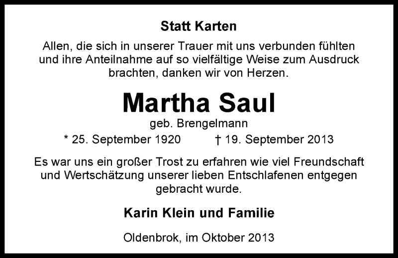  Traueranzeige für Martha Saul vom 26.10.2013 aus Nordwest-Zeitung