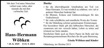 Traueranzeige von Hans-Hermann Wöbken von Nordwest-Zeitung