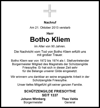 Traueranzeige von Botho Kliem von Nordwest-Zeitung