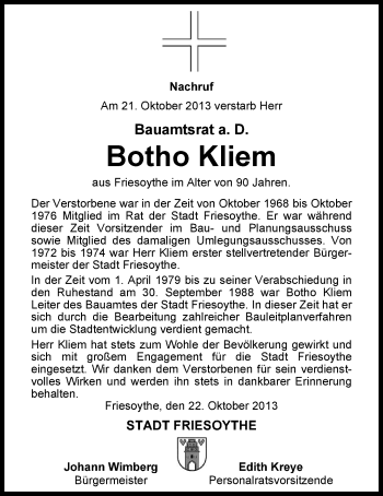 Traueranzeige von Botho Kliem von Nordwest-Zeitung