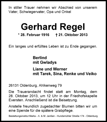 Traueranzeige von Gerhard Regel von Nordwest-Zeitung
