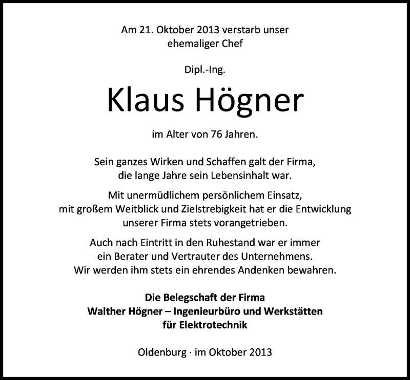  Traueranzeige für Klaus Högner vom 26.10.2013 aus Nordwest-Zeitung