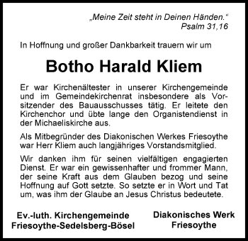 Traueranzeige von Botho Kliem von Nordwest-Zeitung