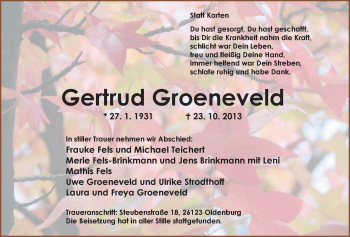 Traueranzeige von Gertrud Groeneveld von Nordwest-Zeitung