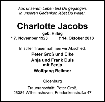 Traueranzeige von Charlotte Jacobs von Nordwest-Zeitung