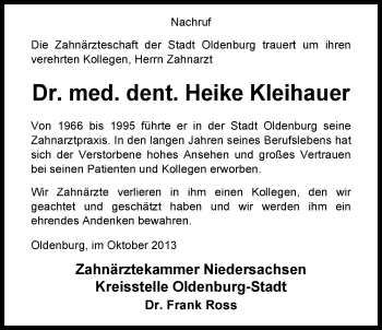Traueranzeige von Dr. Heike Kleihauer von Nordwest-Zeitung