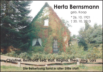 Traueranzeige von Herta Bernsmann von Nordwest-Zeitung