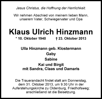 Traueranzeige von Klaus Ulrich Hinzmann von Nordwest-Zeitung