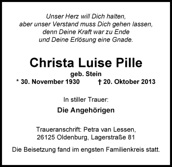 Traueranzeige von Christa Luise Pille von Nordwest-Zeitung