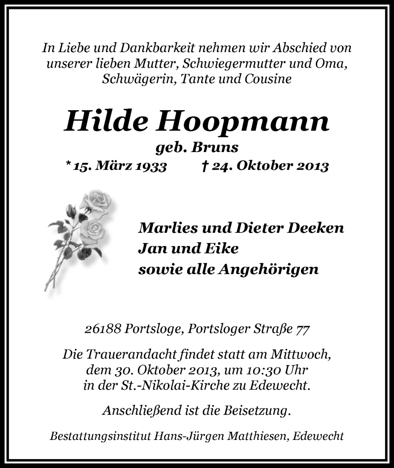  Traueranzeige für Hilde Hoopmann vom 26.10.2013 aus Nordwest-Zeitung