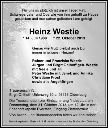 Traueranzeige von Heinz Westie von Nordwest-Zeitung