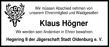 Traueranzeige von Klaus Högner von Nordwest-Zeitung