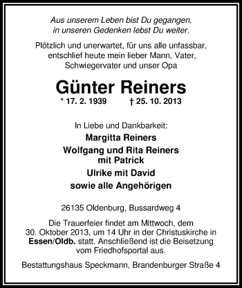 Traueranzeige von Günter Reiners von Nordwest-Zeitung