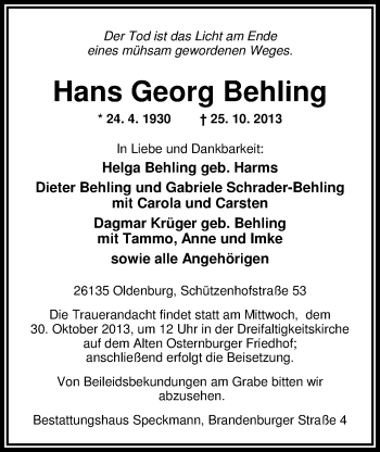 Traueranzeige von Hans Georg Behling von Nordwest-Zeitung