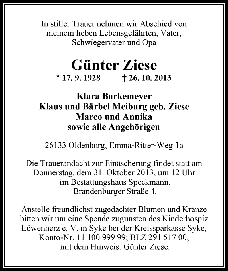  Traueranzeige für Günter Ziese vom 29.10.2013 aus Nordwest-Zeitung