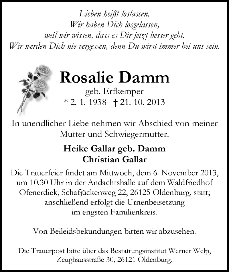  Traueranzeige für Rosalie Damm vom 29.10.2013 aus Nordwest-Zeitung